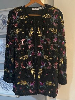 Night Vogue Vintage 80s 90s Silk Sequin Beaded Whimsigoth Blazer Jacket Size L